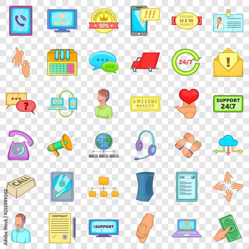 Poster support icons set. cartoon style of 36 support vector icons for web for any design