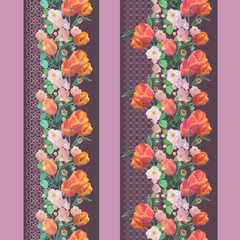 Seamless vertical pattern with tulips. Natural delicate ornament. Vector set of 2. Use for textile design, embroidery, braid, tape, ribbon.
