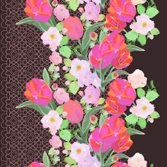 Seamless vertical pattern with tulips and different flowers. Natural delicate ornament. Vector style background. Use for textile design, embroidery, braid, tape, ribbon.