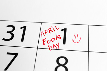 Calendar page of April with marked date of Fool's Day, closeup