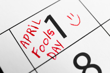 Calendar page of April with marked date of Fool's Day, closeup