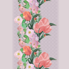 Seamless vertical pattern with tulips and different flowers. Natural delicate ornament. Vector style background. Use for textile design, embroidery, braid, tape, ribbon.