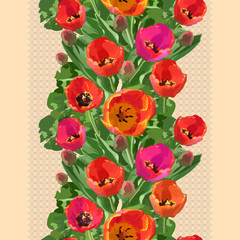 Seamless vertical pattern with tulips. Natural delicate ornament. Vector style background. Use for textile design, embroidery, braid, tape, ribbon.