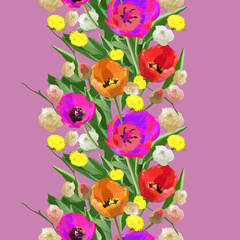 Seamless vertical pattern with tulips. Natural delicate ornament. Vector style background. Use for textile design, embroidery, braid, tape, ribbon.