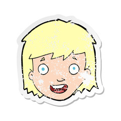 retro distressed sticker of a cartoon happy female face