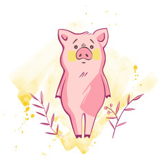 Funny pig. Isolated on white. Cute illustration. Symbol of the year in the Chinese calendar.