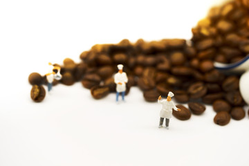 Miniature people: Group of chef standing with coffee bean and cup of coffee. Coffee time concept