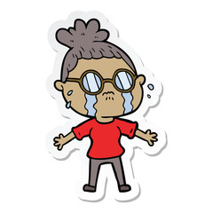 sticker of a cartoon crying woman wearing spectacles