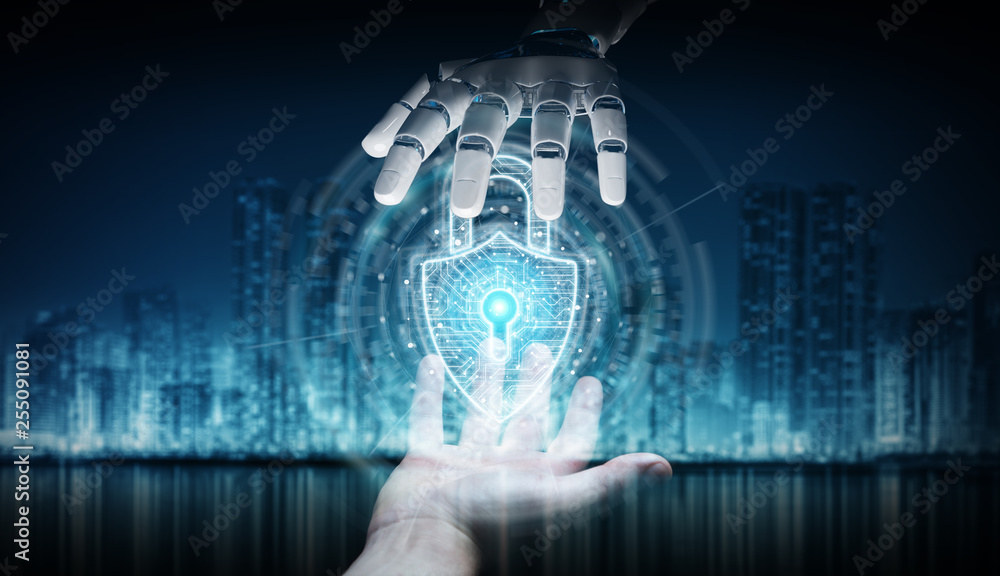 Poster robot hand and human hand touching digital padlock security 3d rendering