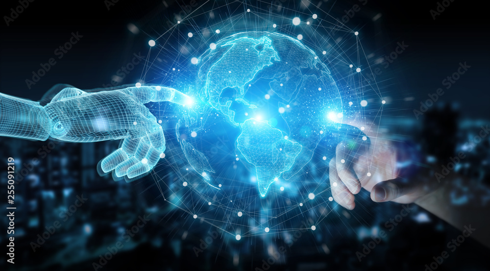 Poster wireframed robot hand and human hand touching digital world on dark 3d rendering