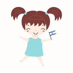 Hand drawn vector illustration of kawaii girl with Israel flag. Isolated objects on white background. Design element for Israel Independence Day poster, banner, greeting card.