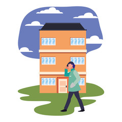 man standing in front of building street