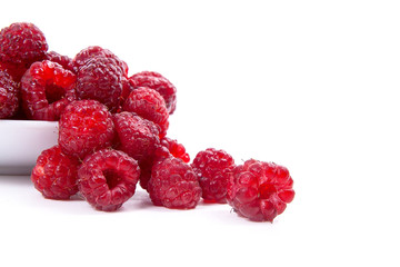 Harvested juicy ripe raspberries fruit on white background..
