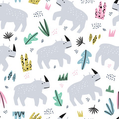 Rhino flat hand drawn seamless pattern