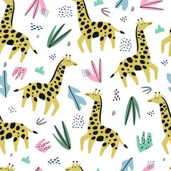 Giraffe flat hand drawn color seamless pattern