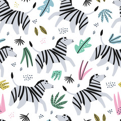 Zebra flat hand drawn color seamless pattern