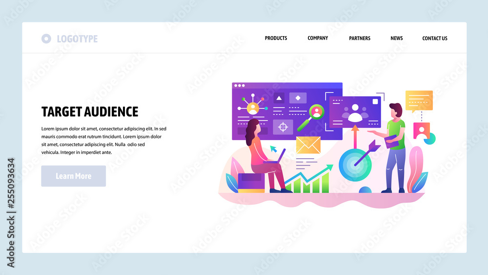 Aufkleber vector web site design template. target customer audience and marketing goals. business development.