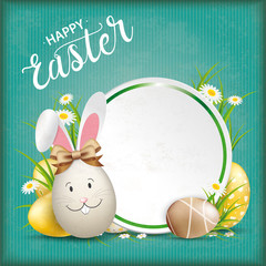 Golden Happy Easter Eggs Label Hare Ears Circle Green Vintage