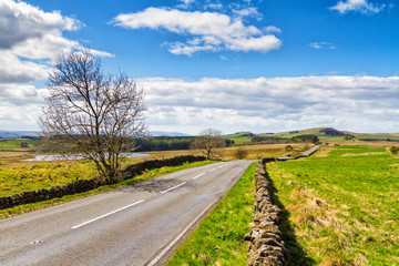 A lane running through moorland and livestock pastures near Hadrian's Wall in Northumberland,...