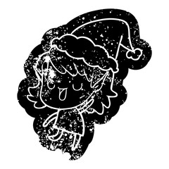cartoon distressed icon of a elf girl wearing santa hat