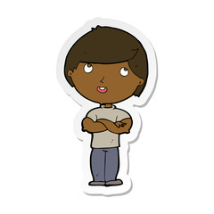 sticker of a cartoon happy man with folded arm