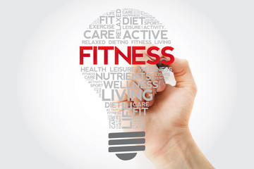 Fitness bulb word cloud collage with marker, health concept background