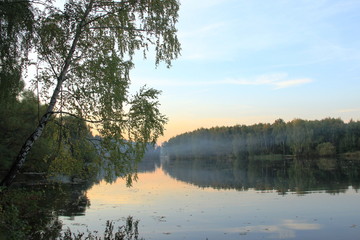 sunset and fog on the river