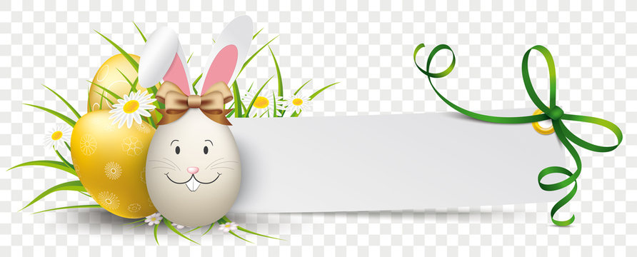 Paper Banner Green Ribbon Golden Easter Eggs Hare