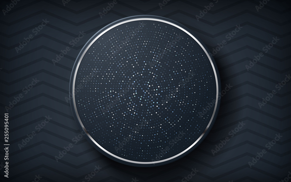Poster dark abstract background with circle and black overlap layers. silver list and silver glitters dots 