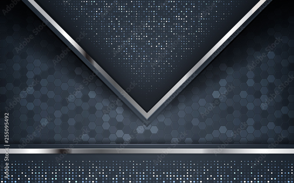 Poster dark abstract background with circle and black overlap layers. silver list and silver glitters dots 