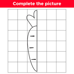 Complete the picture carrot. Copy the picture. Educational game for children. Coloring book. Vector illustration.