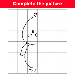 Complete the picture cute kawaii chick. Copy the picture. Educational game for children. Coloring book. Vector illustration.