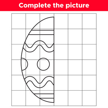 Complete the picture Easter egg. Copy the picture. Educational game for children. Coloring book. Vector illustration.