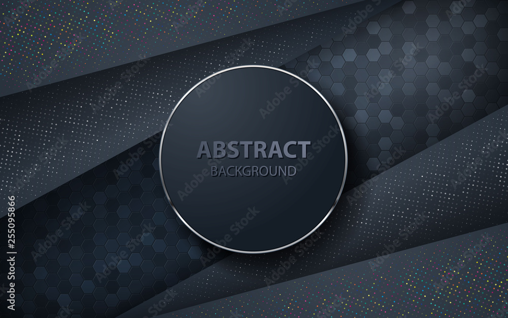 Poster dark abstract background with circle and black overlap layers. silver list and silver glitters dots 