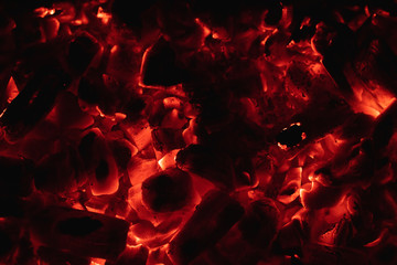 background glowing hot coals closeup. texture of burning coals