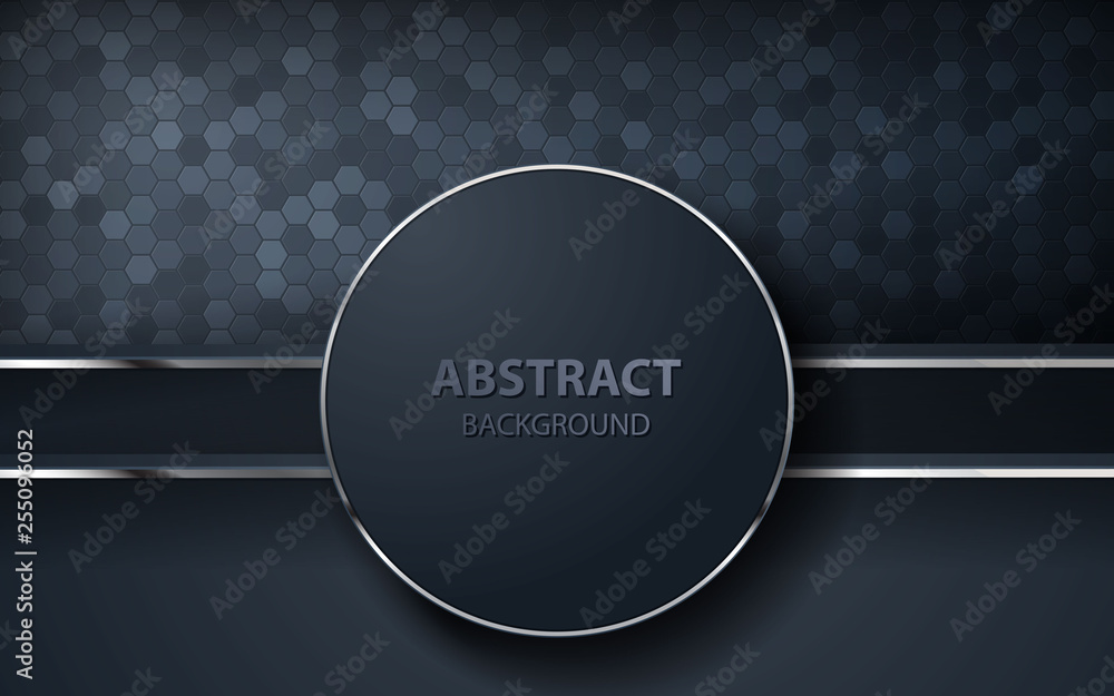 Poster dark abstract background with circle and black overlap layers. silver list and silver glitters dots 