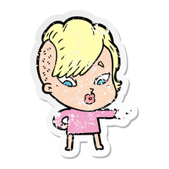distressed sticker of a cartoon surprised girl pointing