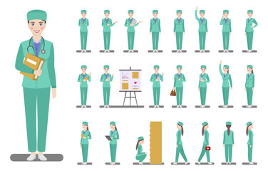 Set of characters doctor woman in green workwear in various poses on a white background. Flat illustrations for design.