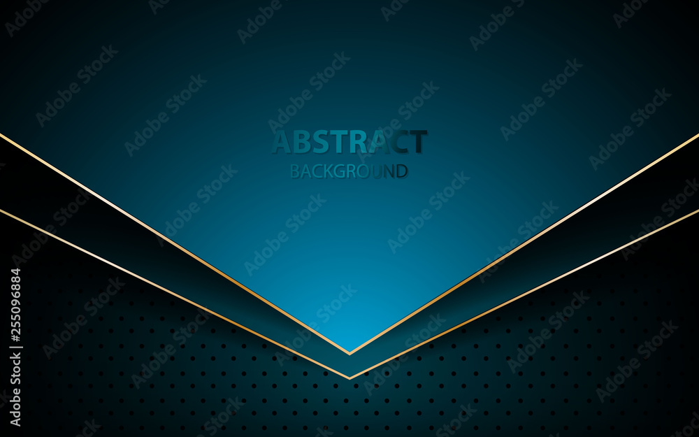 Poster abstract blue arrow on dark blue circle pattern background. futuristic overlap layers with golden li