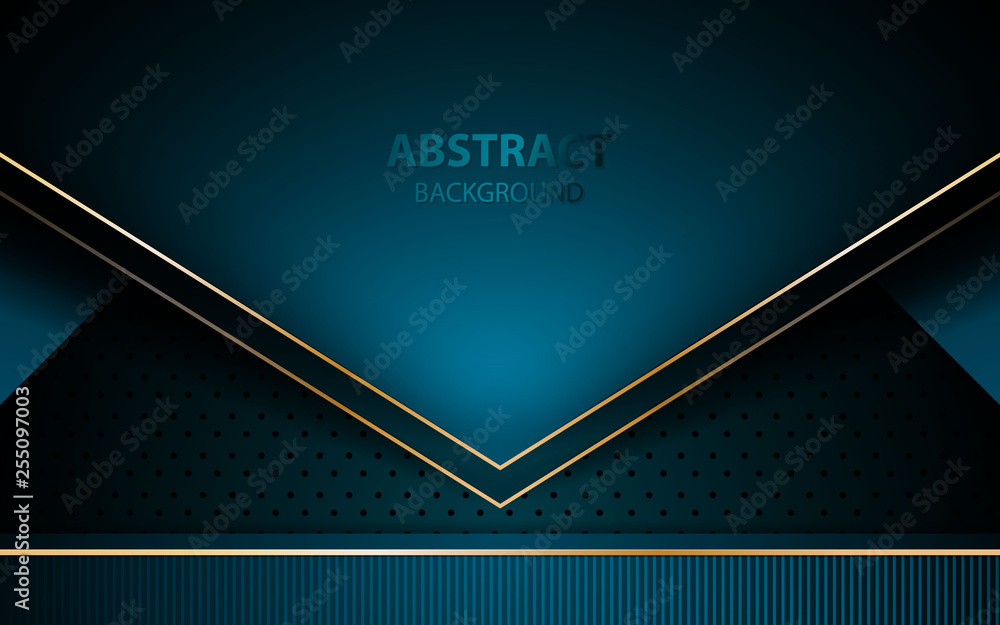 Poster abstract blue arrow on dark blue circle pattern background. futuristic overlap layers with golden li
