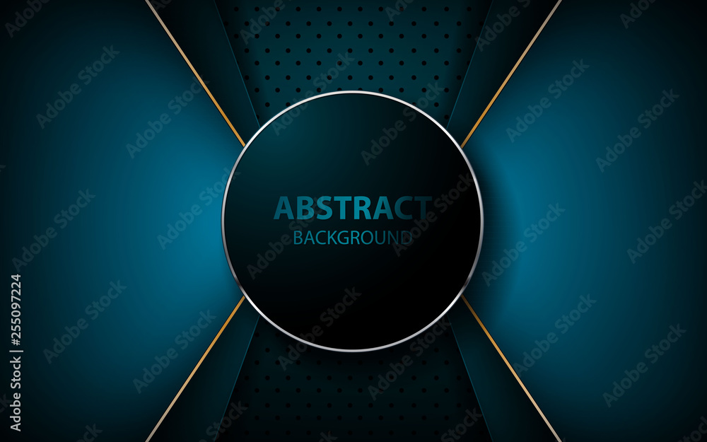 Poster abstract blue arrow on dark blue circle pattern background. futuristic overlap layers with circle an