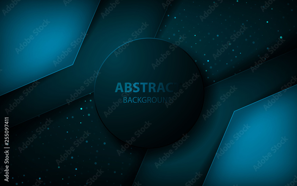 Poster abstract blue arrow on dark blue circle pattern background. futuristic overlap layers with circle an
