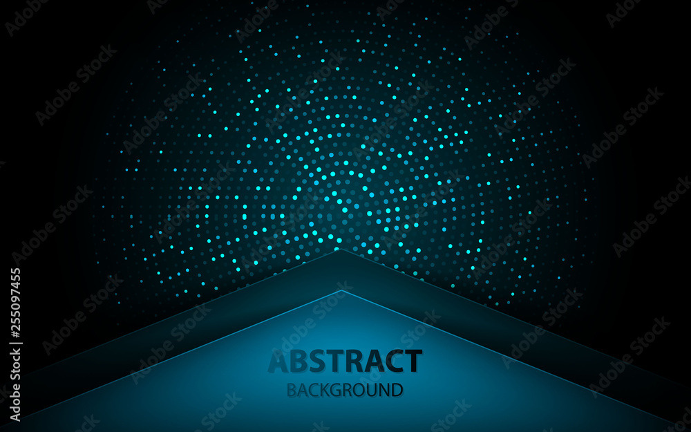 Poster abstract blue arrow on dark blue circle pattern background. futuristic overlap layers with goldenlig