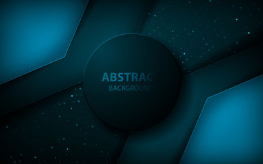 Abstract blue arrow on dark blue circle pattern background. Futuristic overlap layers with circle and golden list background. 