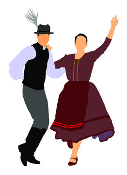 Hungarian folk dancers couple vector illustration. Germany folk dancer couple in love. Austrian folk dancers couple. East Europe folklore. Balkan folk dancing. Traditional wedding folklore event.