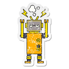 distressed sticker of a cute cartoon malfunctioning robot