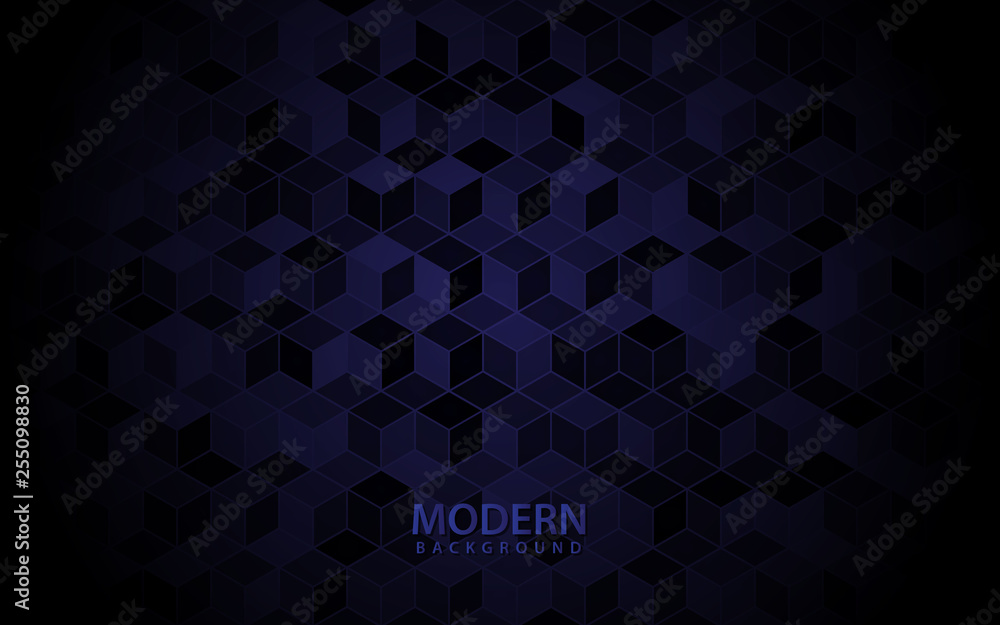 Poster blue overlap background vector. realistic layer with golden line on cubes pattern background. vector