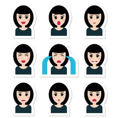Flat cartoon character cute girl with black hair, different emotions. Vector set of emotion girl: joy, laughter, smile, embarrassment, anger, chagrin, annoyance, surprise, cry, unhappy. Sticker style.
