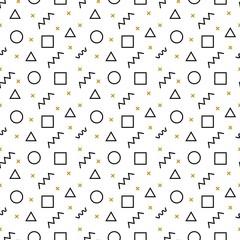 Memphis seamless pattern. Abstract vector pattern of simple geometric elements and shapes. Black and gold geometric elements on white background. Hipster style Memphis background.