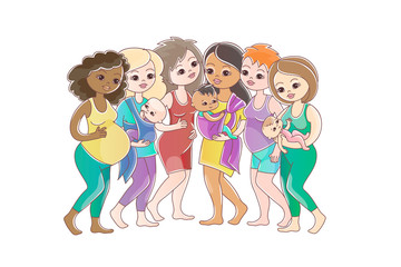 Motherhood. A mothers of different nations with a baby and a pregnant woman. Isolated on white background.
